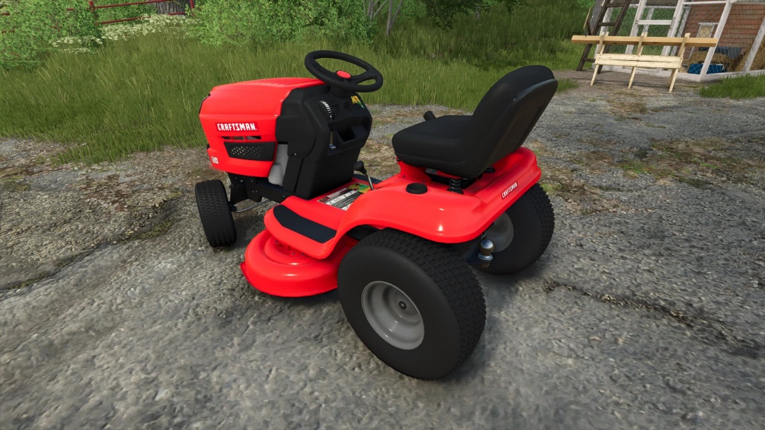 Craftsman T100 riding mower mod for FS25 showcased in a rural setting.