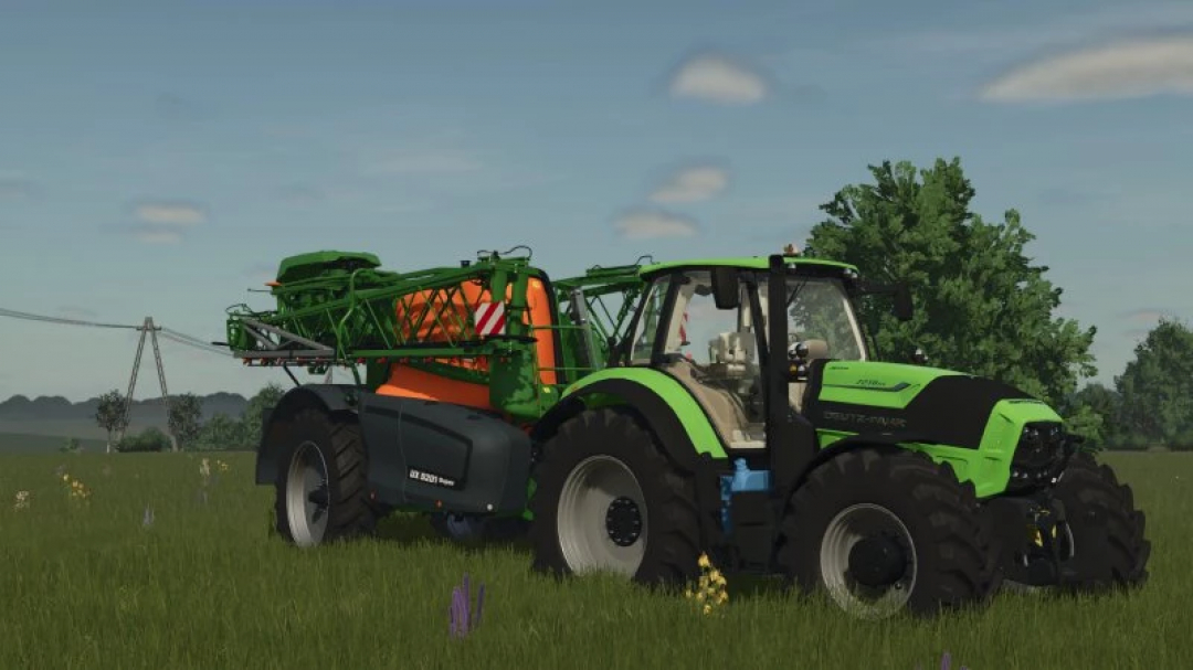 Deutz Fahr Series 7 tractor mod in Farming Simulator 25, showcasing a green and black design in a field.