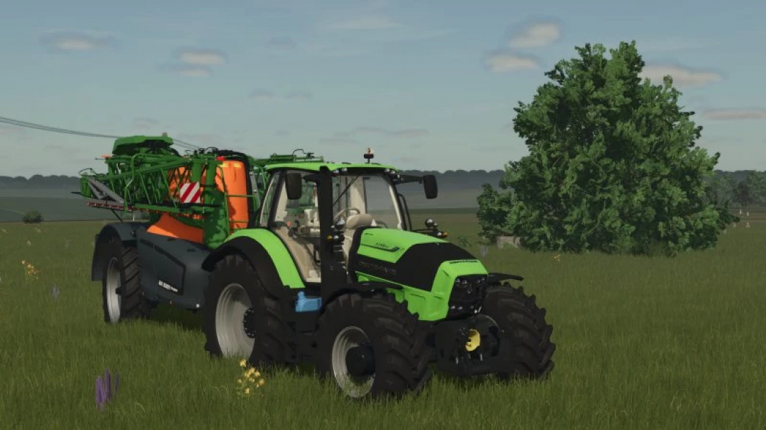 Deutz Fahr Series 7 tractor mod in Farming Simulator 25, showcasing green tractor with orange and green attachment in a grassy field.