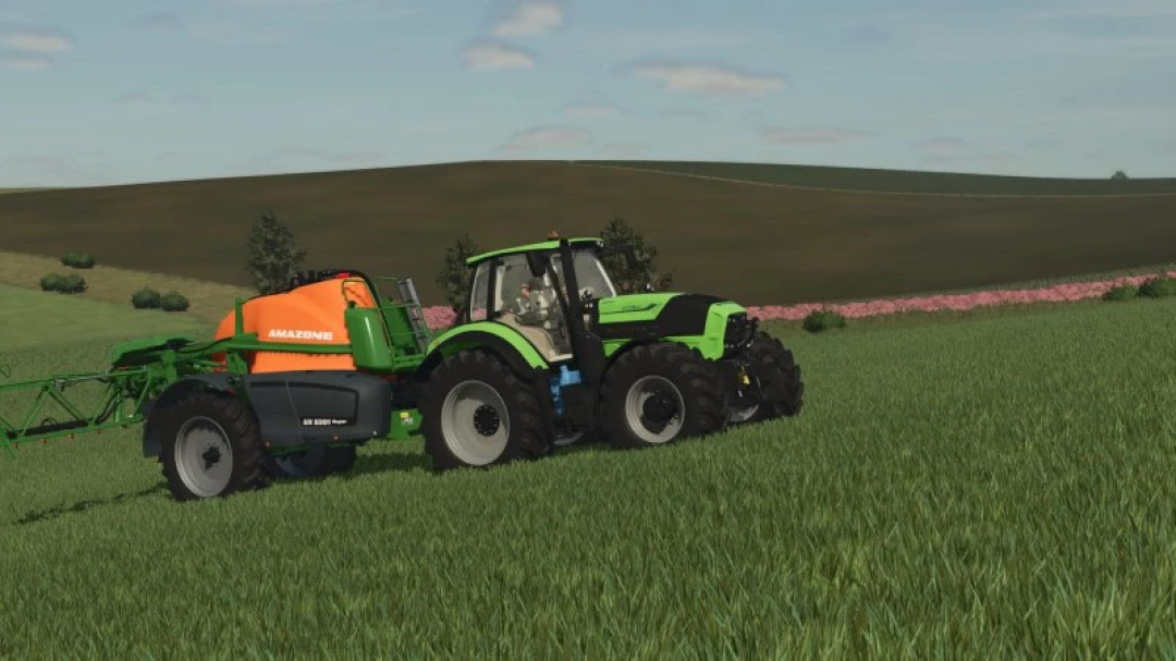 Deutz Fahr Series 7 tractor with Amazon sprayer in FS25 mod, Farming Simulator 25 field scene.