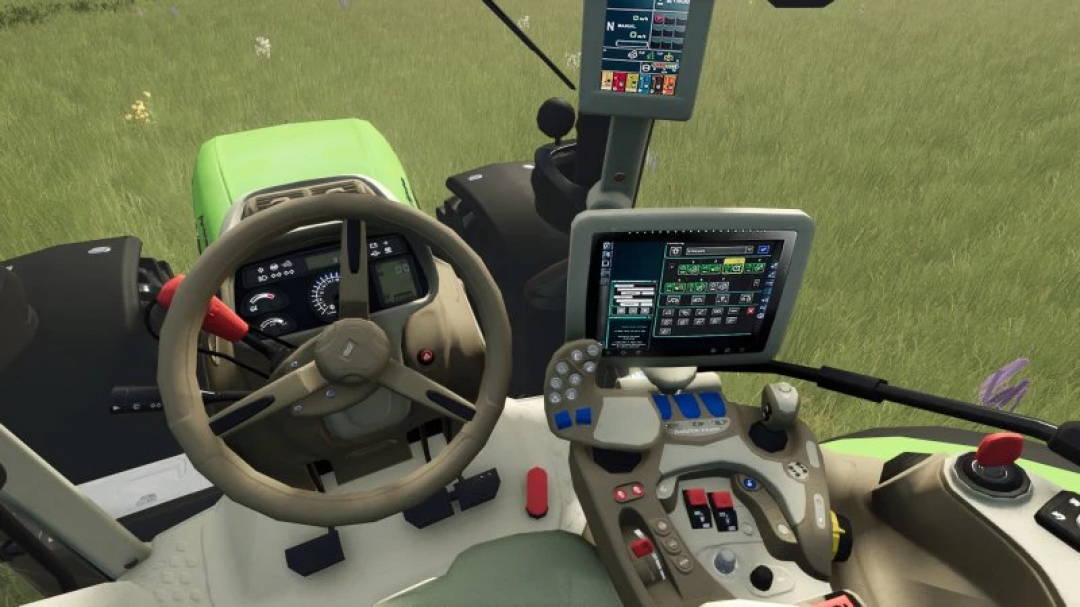 Inside view of Deutz Fahr Series 7 tractor mod for FS25, showing steering wheel and control dashboard.