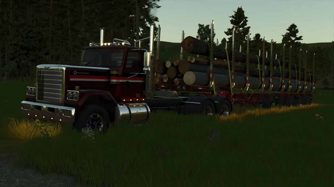 FS25 mod EXP25 Manac Powerwing truck with log trailer in forest.