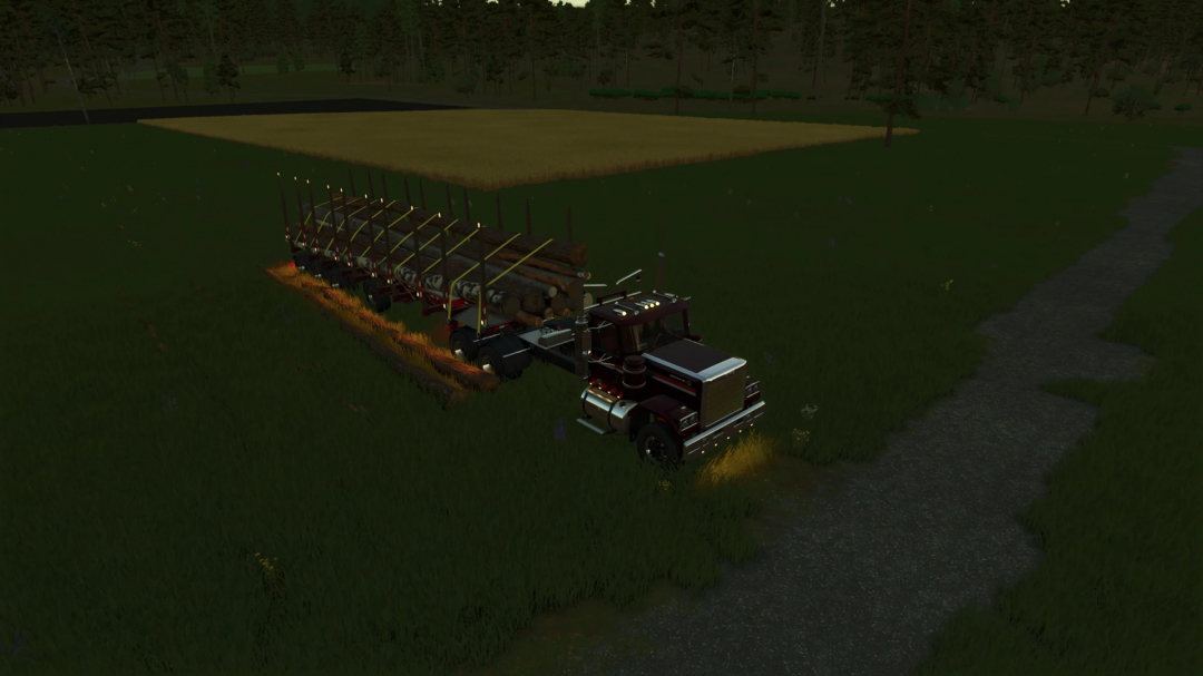 FS25 mod screenshot showing EXP25 Manac Powerwing v1.0.0.0 hauling logs in a field.