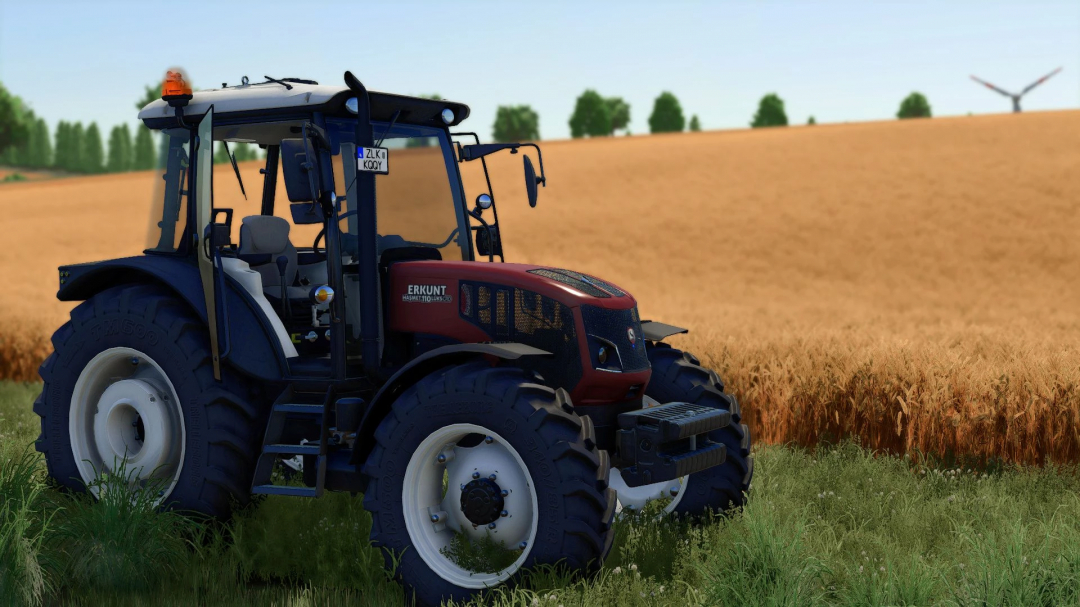 Erkunt 100-110 tractor in FS25 mod, parked in a wheat field under a clear sky.