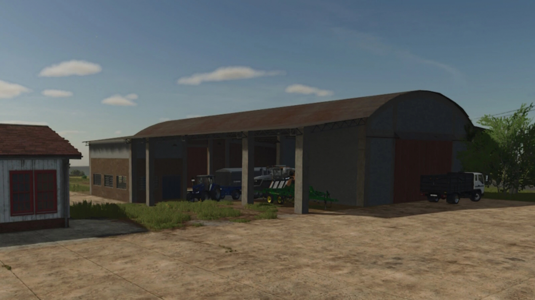 FS25 mod Estancia Lapacho Barn v1.0.0.0 featuring a large barn with farm equipment inside.