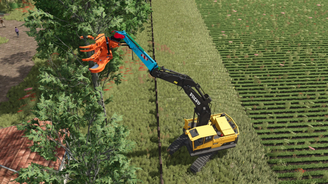 Excavator Arm Extension mod in FS25 used for tree cutting on a farm field.