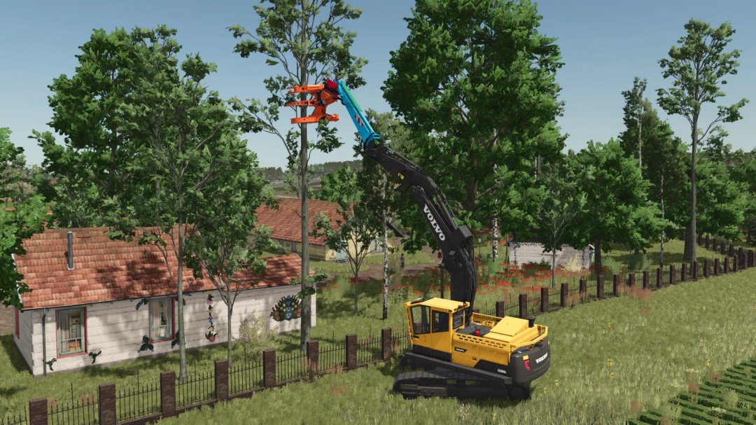 FS25 mod Excavator Arm Extension v1.0.0.0 in use for tree cutting near a house.