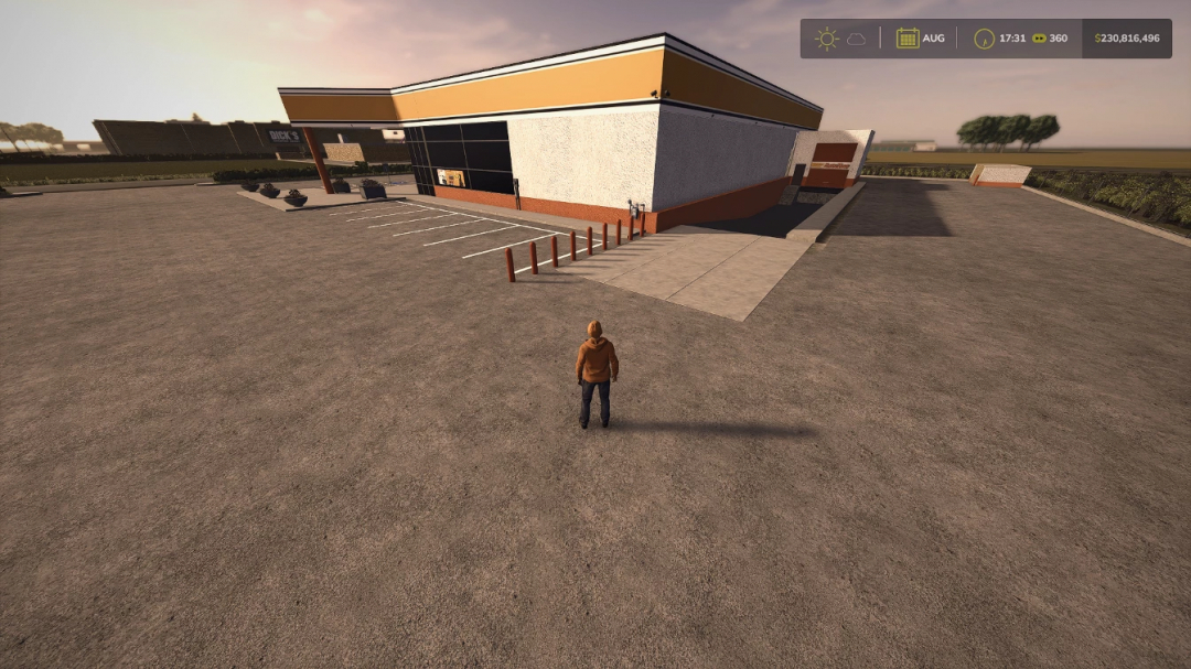 FS25 Autozone v1.0.0.0 mod in Farming Simulator 25 featuring a large parking lot and building exterior.