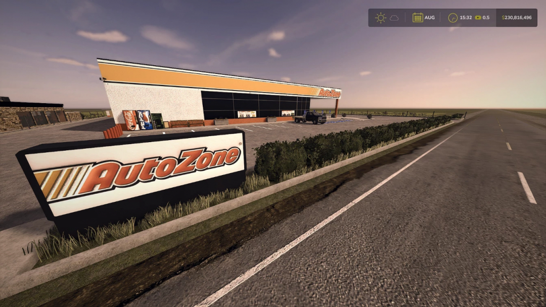 FS25 Autozone mod features a large store with parking lot in Farming Simulator 25 landscape.