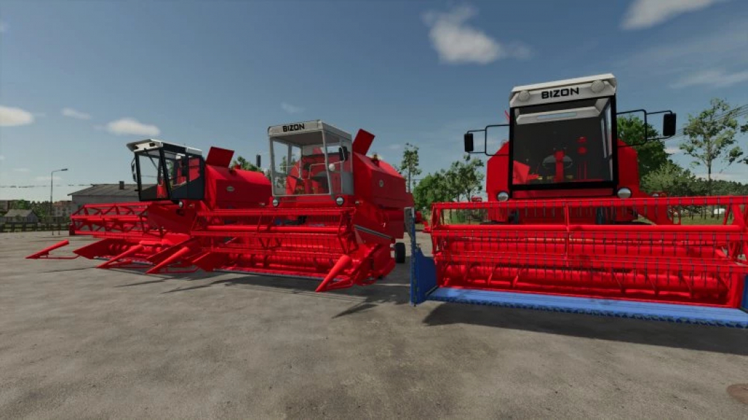 Three red Bizon z058 harvesters displayed in Farming Simulator 25 mod. FS25 mods enhance gameplay with realistic machinery.