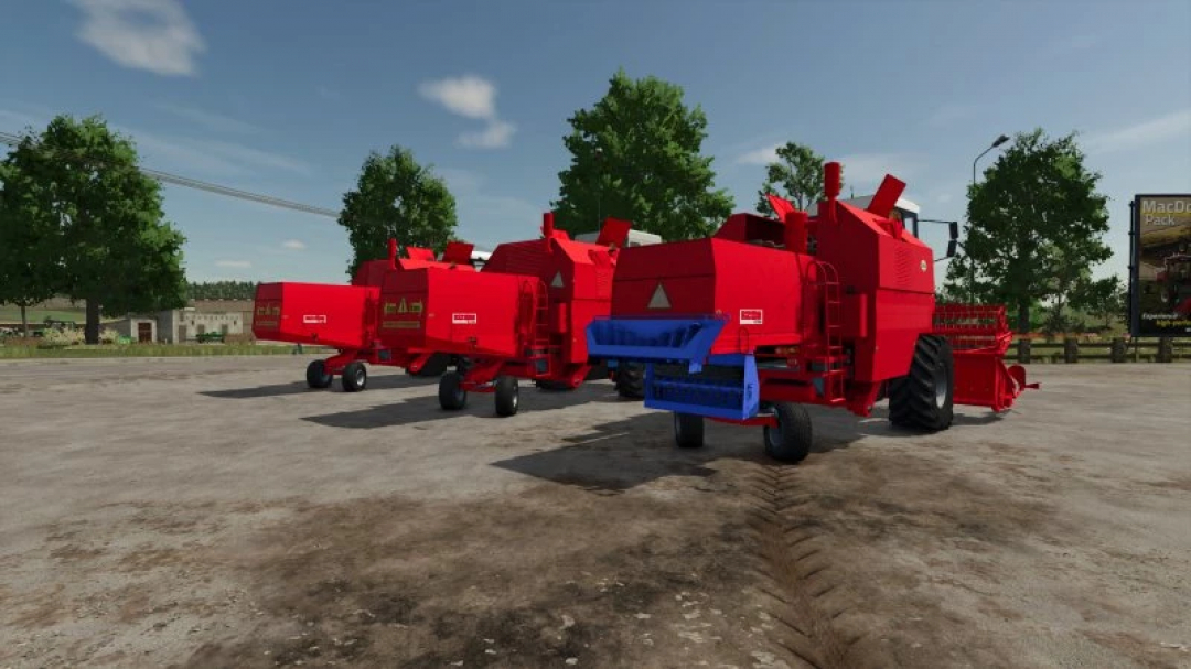 Image of FS25 Bizon z058 v1.0.0.0 mod showcasing three red harvesters in Farming Simulator 25.