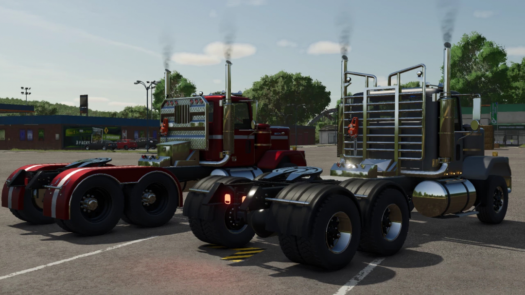 FS25 Chevy Bison mod showing two trucks in a parking lot in Farming Simulator 25.