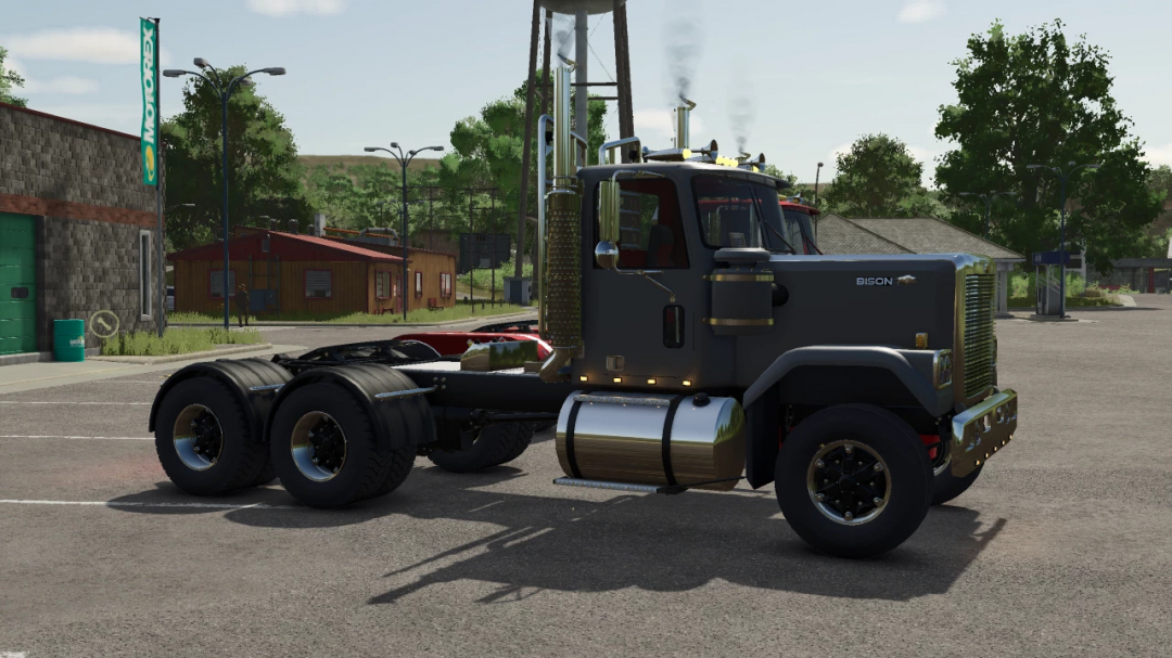 FS25 Chevy Bison v1.0.0.0 mod in Farming Simulator 25, featuring a robust truck in a rural setting.