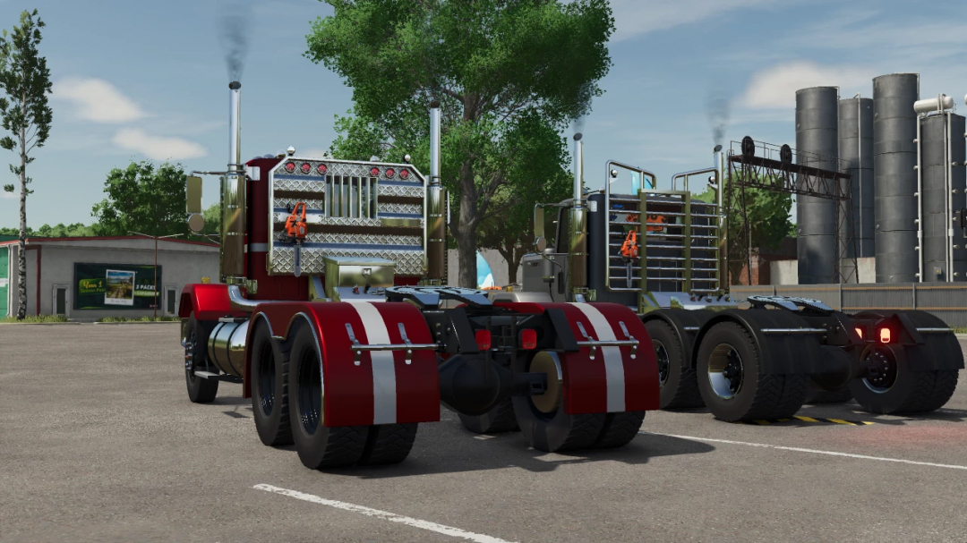 FS25 Chevy Bison v1.0.0.0 mod featuring two red and black trucks in Farming Simulator 25.