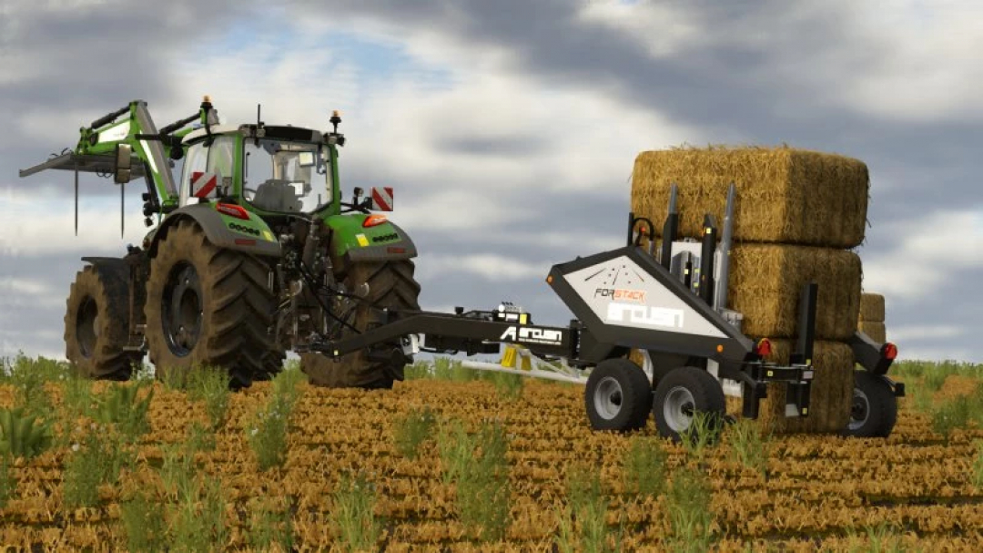 FS25 ForStack 8 mod in Farming Simulator 25, showing a tractor stacking hay bales in a field.