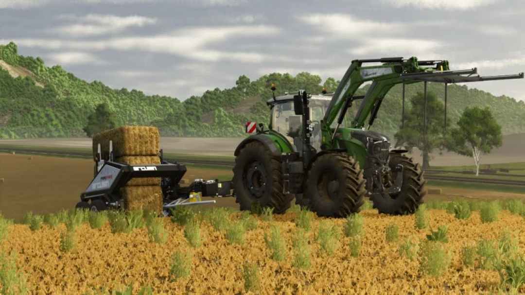 FS25 mod: ForStack 8 v1.0.0.0 in Farming Simulator 25 shows a tractor stacking hay bales in a field.