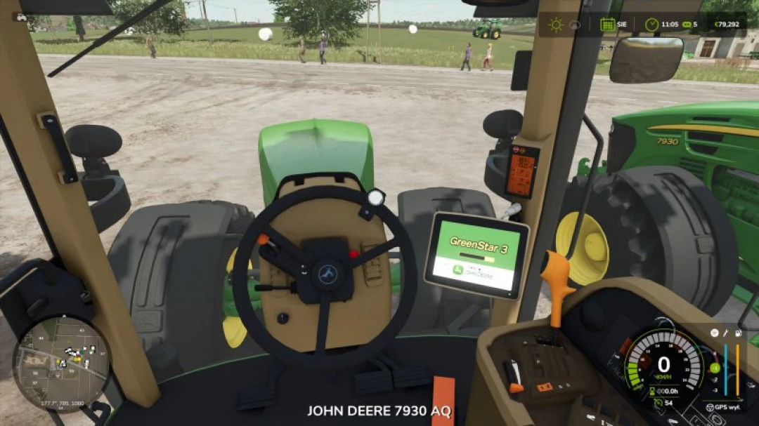 FS25 mod showing the interior cabin view of a John Deere 7x30 series tractor in Farming Simulator 25.