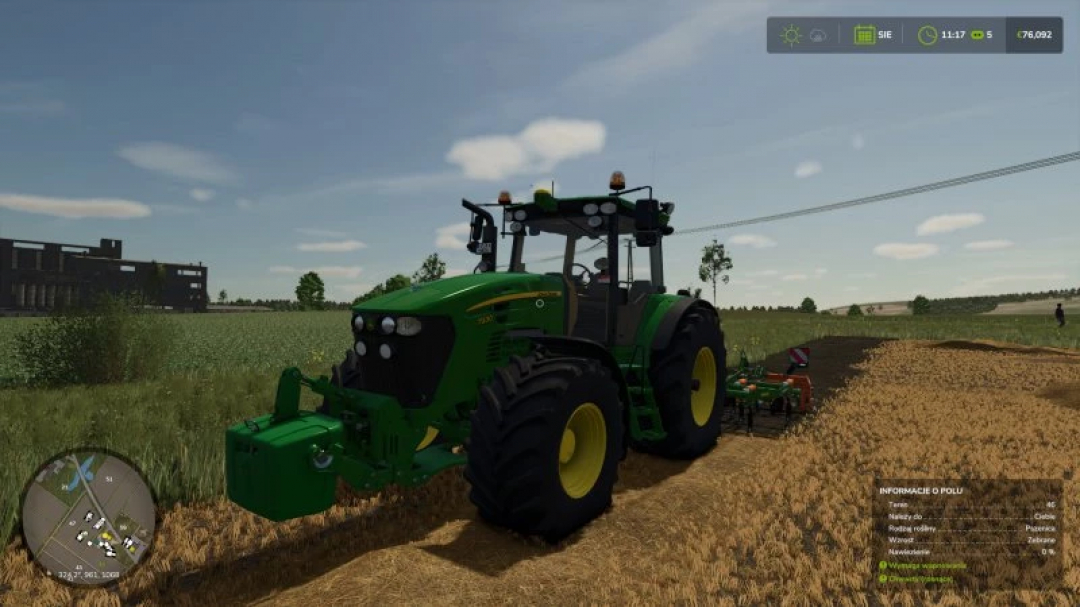 FS25 John Deere 7x30 series tractor mod, Farming Simulator 25. A green tractor on a farm field with HUD displayed.