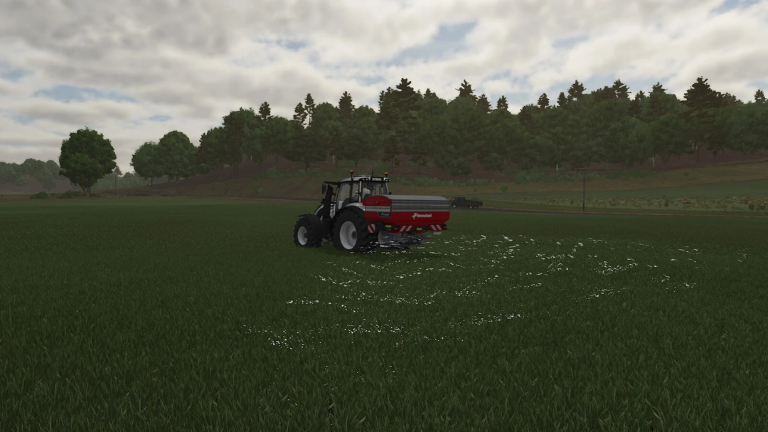 FS25 Kverneland TLX Geospread mod in Farming Simulator 25 spreading fertilizer on a field.