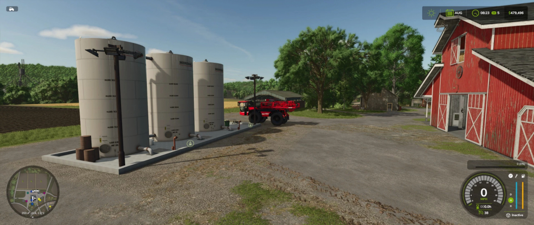 FS25 Liquid Storage Farm mod v1.0.0.0, featuring large tanks and a red barn, for Farming Simulator 25.