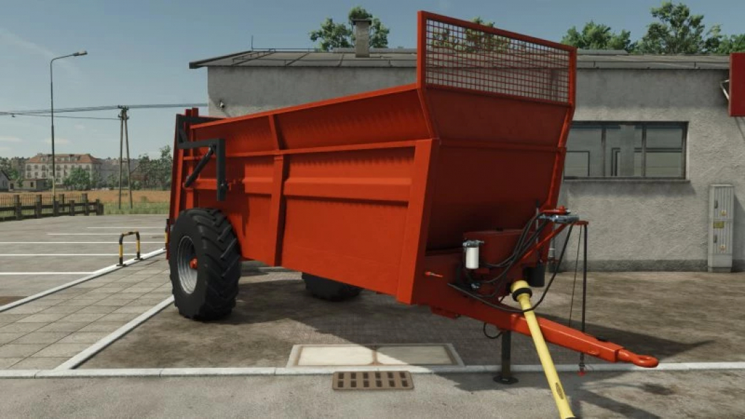 FS25 Lizard 900 v1.0.0.0 mod for Farming Simulator 25, showcasing a large red agricultural trailer in a parking lot.