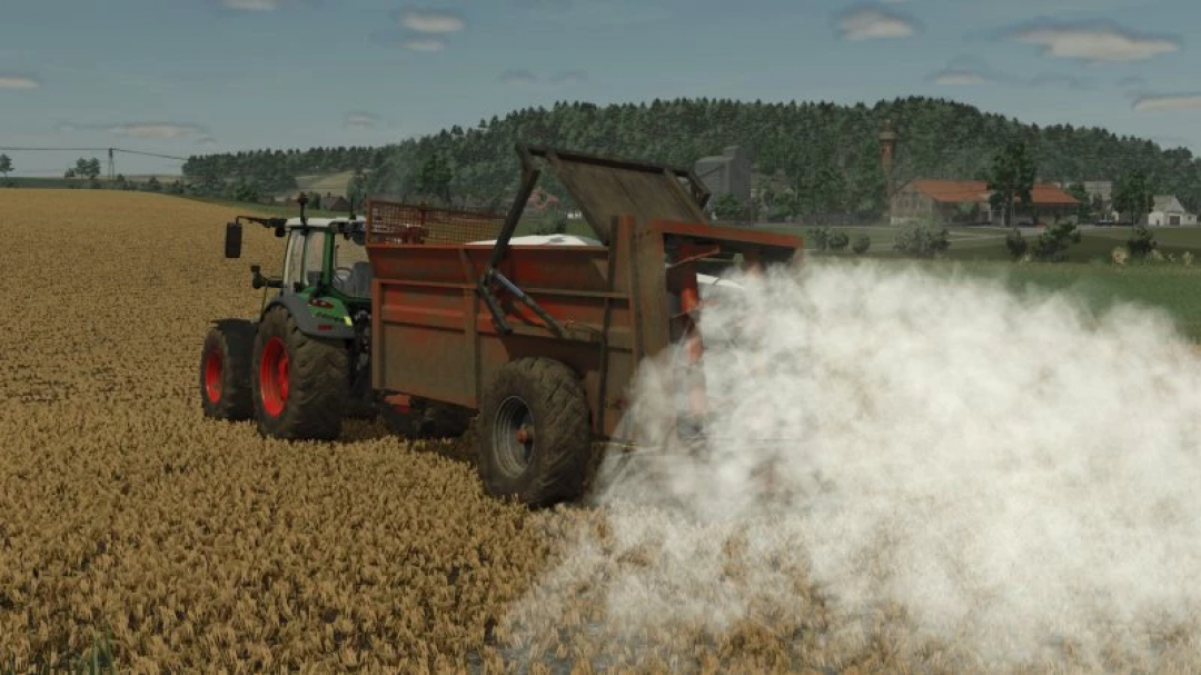 FS25 Lizard 900 v1.0.0.0 mod in action, spreading fertilizer on a field in Farming Simulator 25.