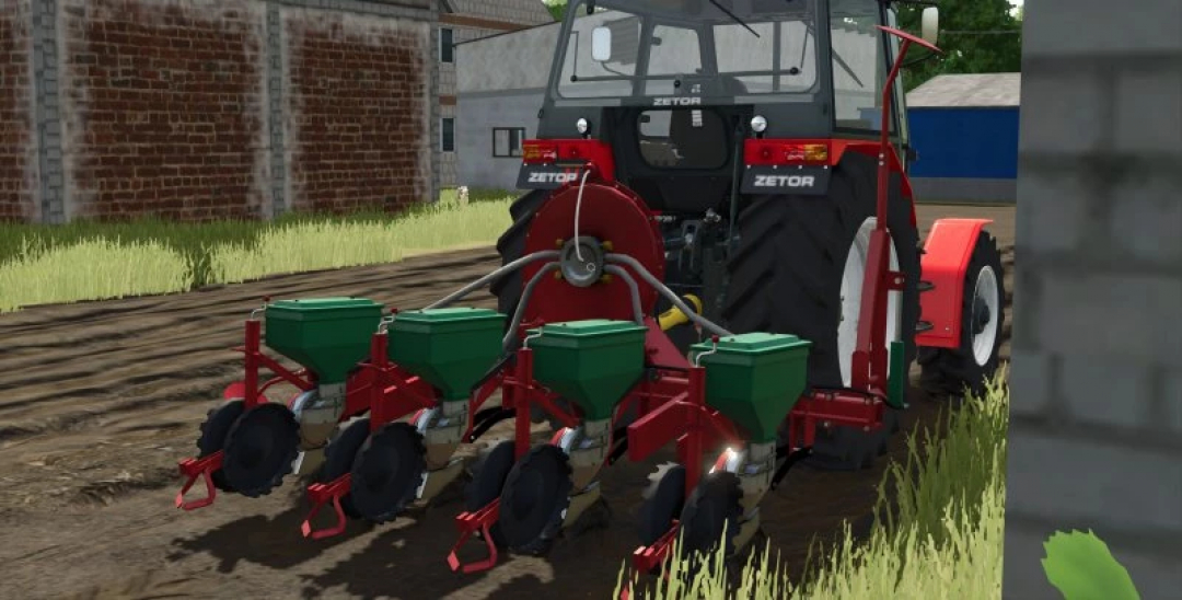 FS25 mods: Tractor with planter attachment in Farming Simulator 25, cultivating a field.