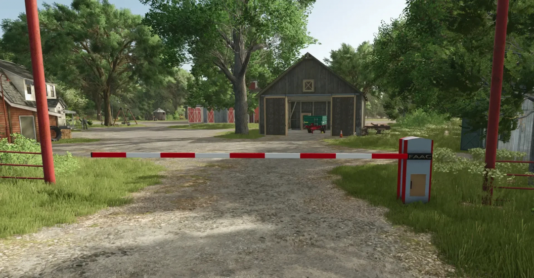 FS25 Parking Barrier mod showing a red and white gate in a rural setting with trees and a barn.