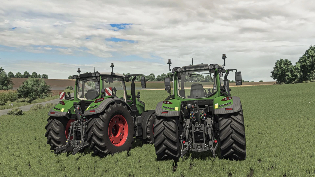 Fendt 500/700 tractors in a grassy field, Farming Simulator 25 mod.