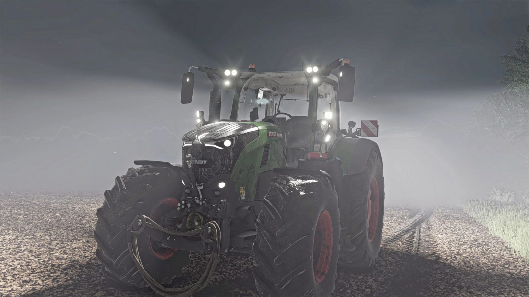 Fendt 500/700 tractor mod in FS25, showcasing headlights in a foggy environment.