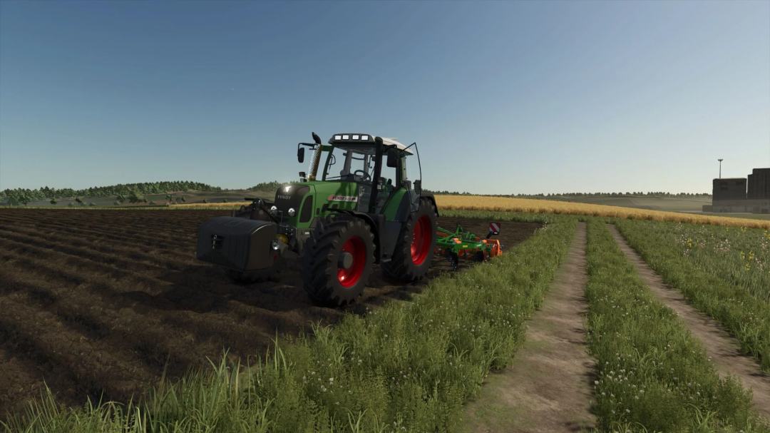 Fendt 700/800 Vario TMS tractor mod in FS25 plowing a field.