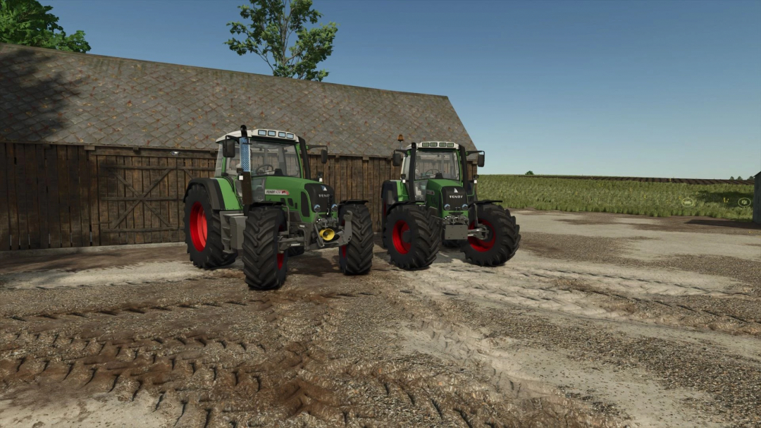 Two Fendt 700/800 Vario TMS tractors parked on a farm in FS25 mods.