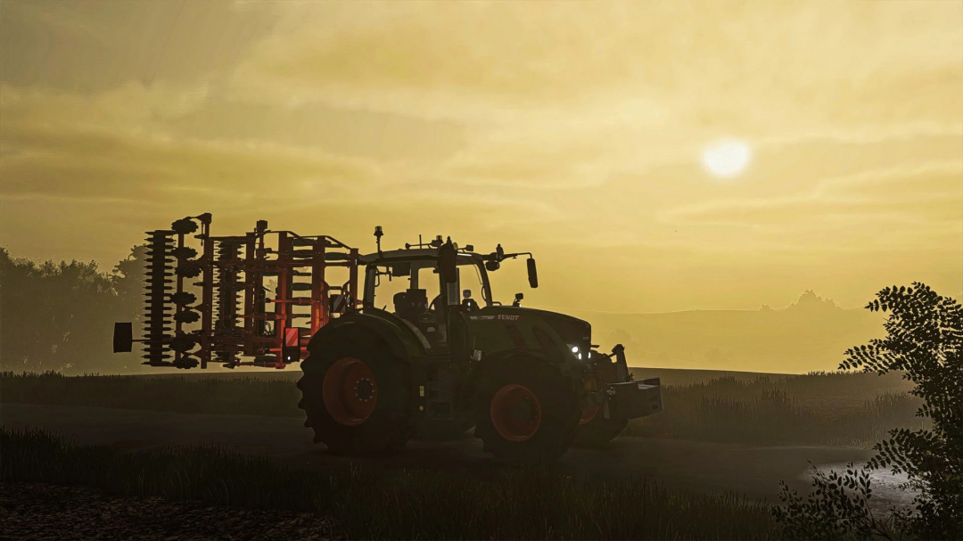 Silhouette of Fendt 700 Vario Gen6 tractor mod in FS25 at sunrise.