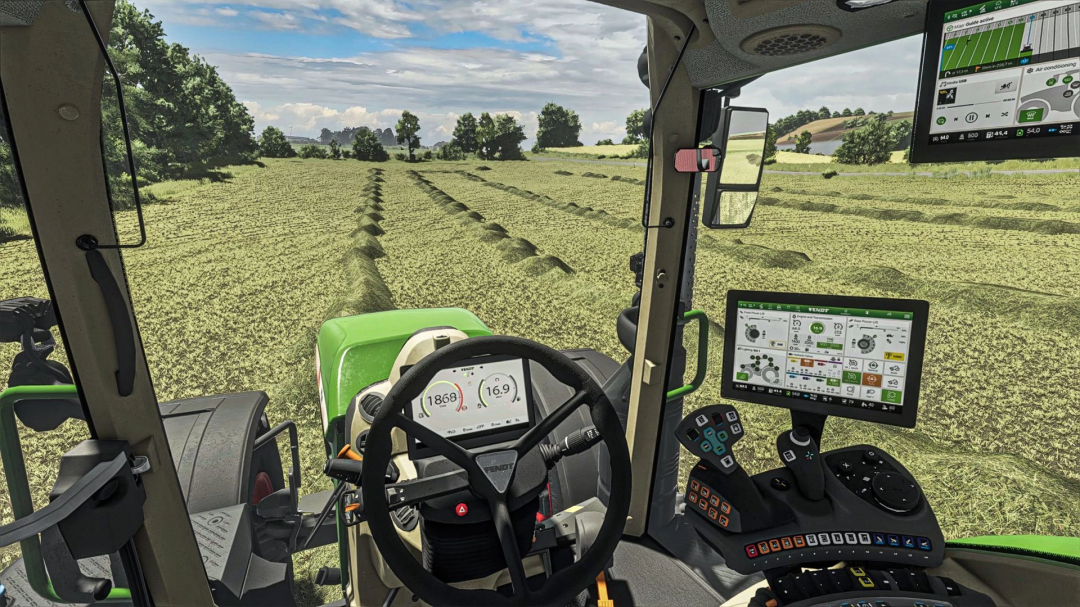 FS25 mods showcasing the Fendt 700 Vario Gen6 tractor interior with a view of fields in Farming Simulator 25.