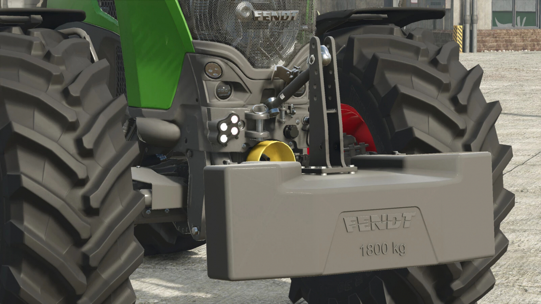 Close-up of Fendt Weight Package 1800 kg mod for FS25, attached to a tractor, enhancing stability and performance.