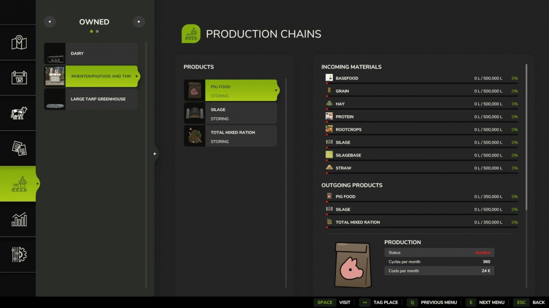 FS25 mod Fermenter/Pig food/TMR v1.6.0.1 production chain screen showing materials and products.