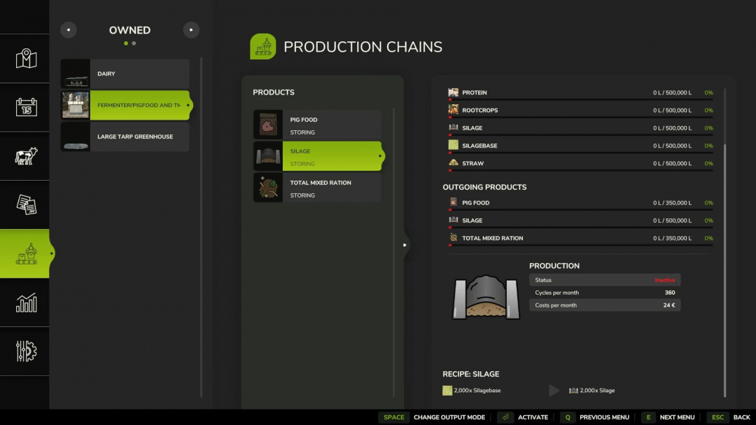 FS25 mod Fermenter/Pig food/TMR v1.6.0.1 interface showing production chains for silage and pig food.