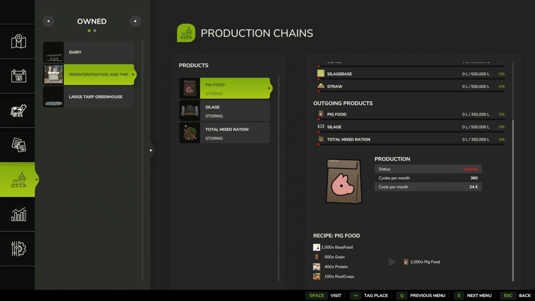 FS25 mods Fermenter/Pig food/TMR interface showing pig food production details.