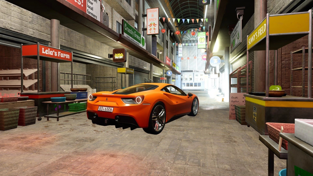 FS25 mod Ferrari 488 GTB in vibrant orange in a market setting, showcasing Farming Simulator 25 mods.