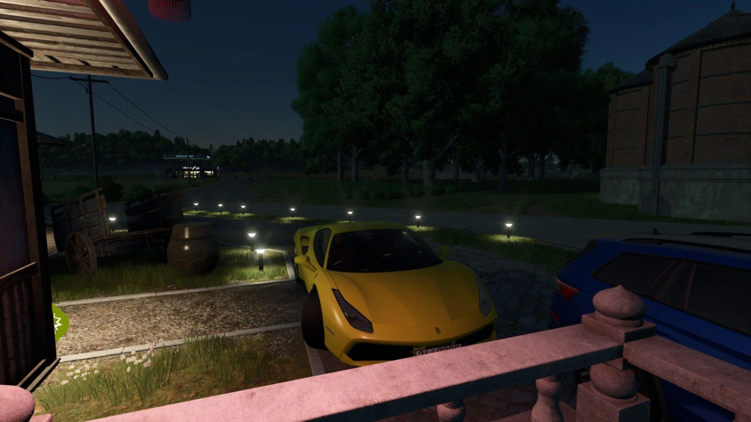 Yellow Ferrari 488 GTB mod parked at night in Farming Simulator 25.