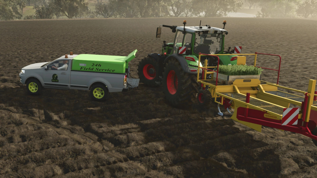 FS25 mod Field Repair Pickup assisting a tractor in a field. Farming Simulator 25 gameplay scene.