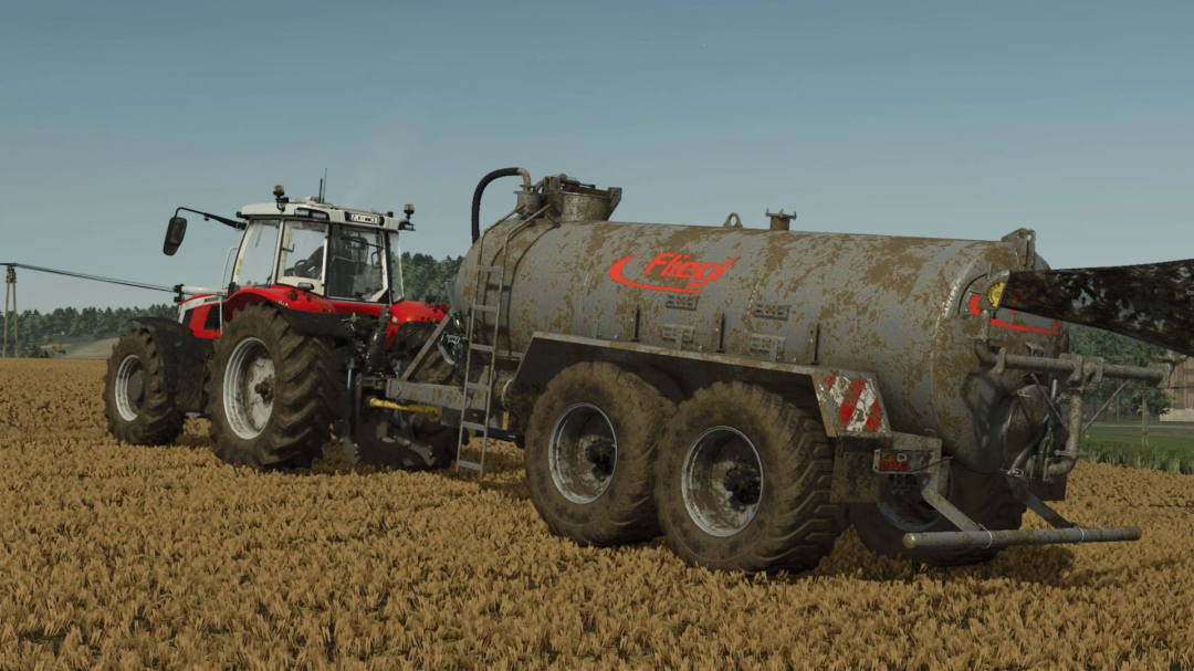 FS25 mod Fliegl VFW 14000 v1.0.0.0 in action on a field, showcasing realistic farming equipment.