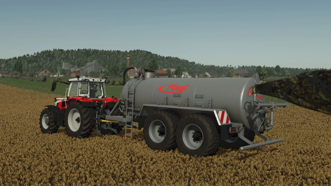 FS25 mod Fliegl VFW 14000 v1.0.0.0 in action, spreading fertilizer on a field with a tractor.