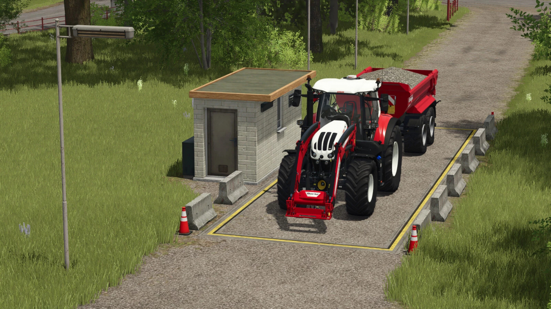 FS25 mod Floor Plane Weighing Station with red tractor on scale next to small building and grass