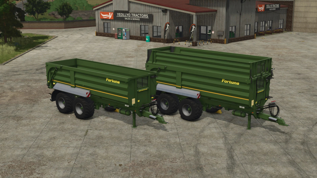 FS25 mod Fortuna FTM 200/7.5 v1.0.0.0, featuring two green agricultural trailers parked at Yeolyo Tractors.