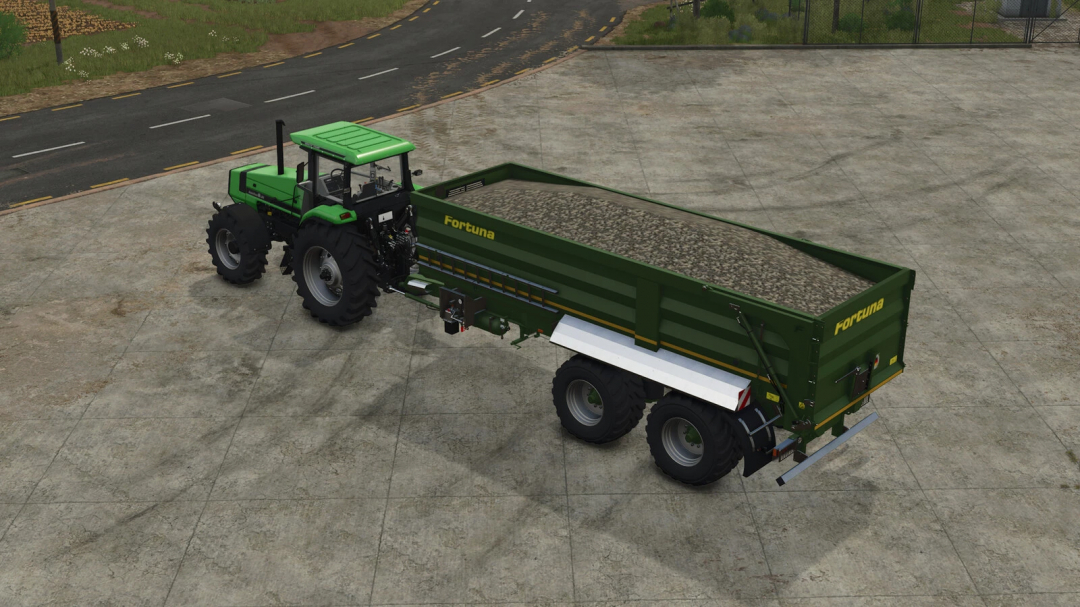 FS25 mod Fortuna FTM 200 / 7.5 v1.0.0.0 in Farming Simulator 25 with a green tractor and trailer filled with gravel.