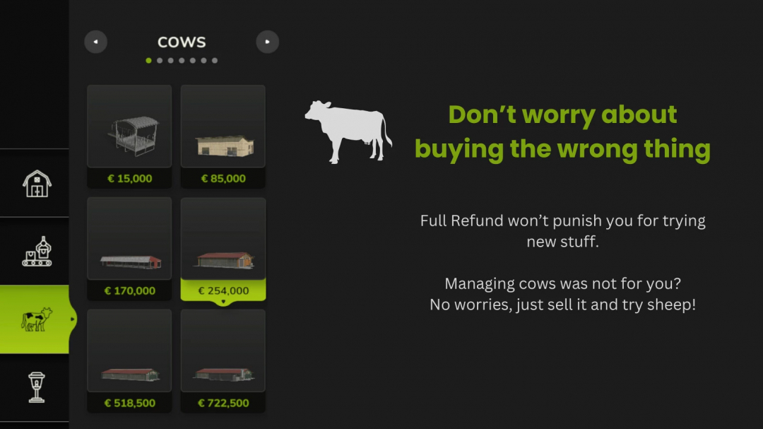 FS25 mod Full Refund v1.0.0.0 screen showing cow barns with prices and message about trying new things without penalty.