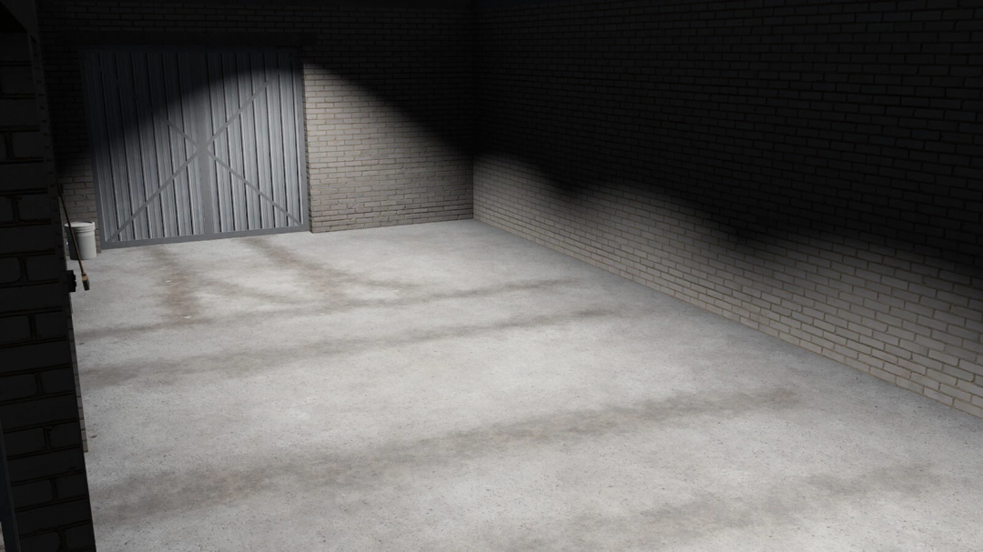 Interior of Garage 18x7 mod in Farming Simulator 25, featuring brick walls and a concrete floor.