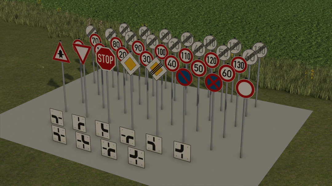 FS25 mod German Traffic Signs Prefab v1.0.0.0 displays various road signs on a stand.