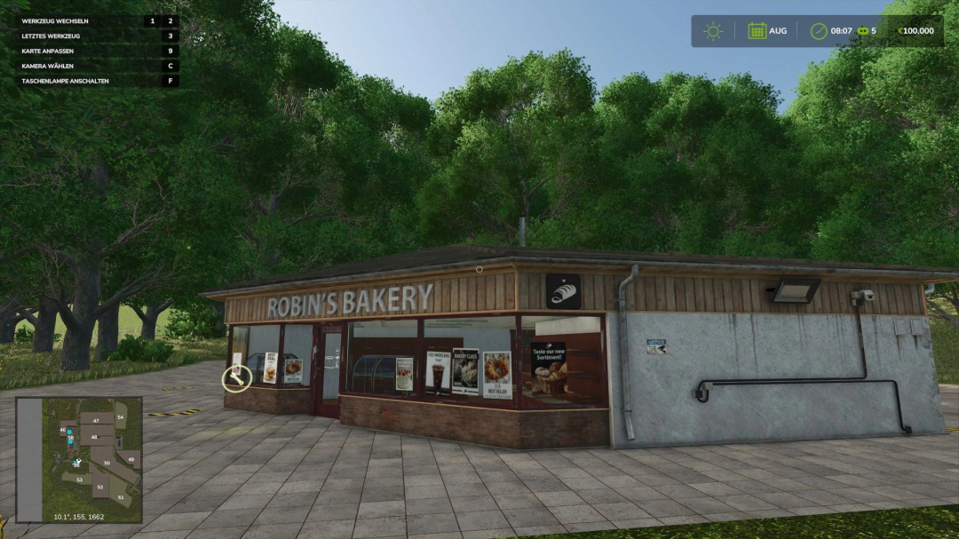 FS25 mod HermannsEck v1.1.0.0 featuring Robin's Bakery with forest background.